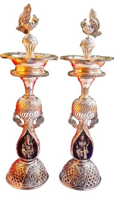 German Silver Peacock Diya Pair with Lakshmi Ganesh Set for House Warming Part/Gift Item/Diwali/New Year/Home Decor