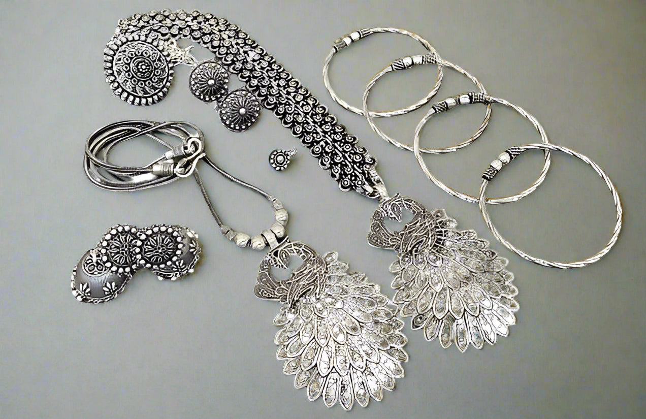 German silver peacock combo set multipack Long necklace with chain pendant, earrings, ring, nosepin, toering and 4 bangles combo set