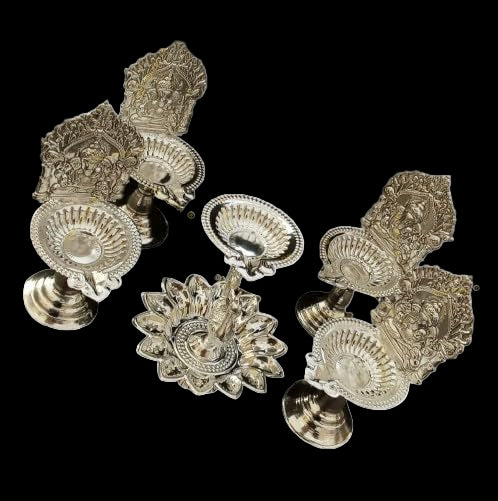 Silver Plated Set of 5 diyas - ganpati/Ganesh Diya, 1 Peacock Lotus Diya Set for Diwali