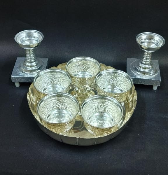 indiancraftsbykanika german silver Flower cut plate Pooja set for diwali pooja/housewarming pooja
