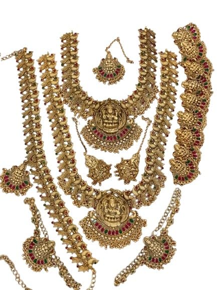 indiancraftsbykanika presents 17 pieces lakshmi colorful stones combo bridal necklace set jewlery set, golden