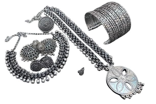 indiancraftsbykanika round oxidised 9 pieces necklace set - 2 necklaces with matching earrings, toe ring, openable bracelet, nose pin, ring for women