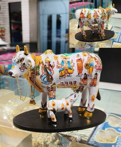 indiancraftbykanika White Resin Hand Painted Cow and Calf Statue/kamdhenu Cow Statue for Home/Office/Temple/Gift Item