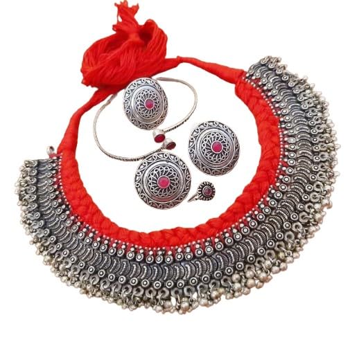 indiancraftsbykanika presents choker necklace set with matching earrings, openable bracelet, ring, nose pin, color : red