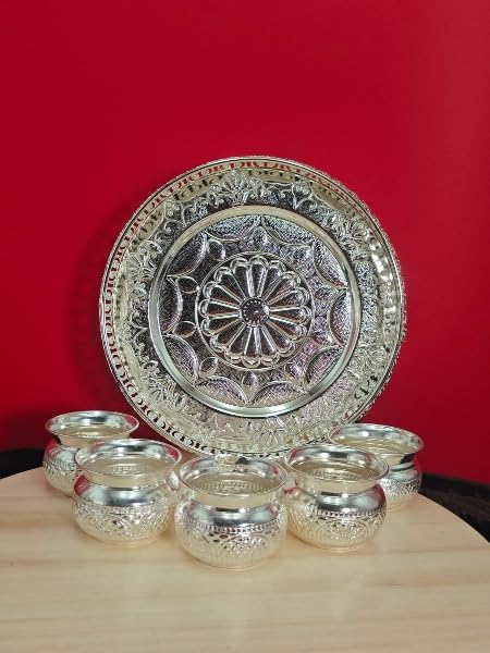 indiancraftsbykanika German Silver Tray With Nakshi Bowl Set Of 6 Pieces For Diwali Pooja/Housewarming Pooja/Gift Item