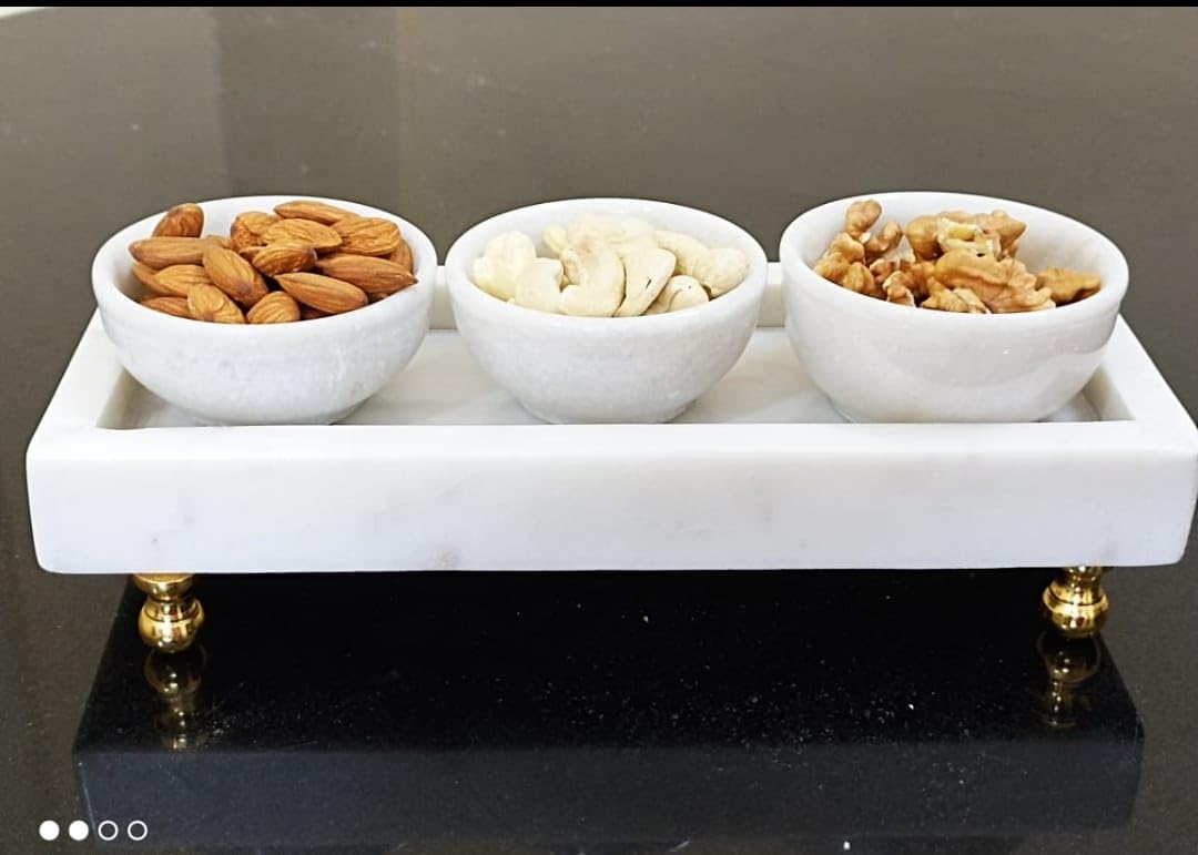 White Marble Platter Tray with 3 Marble Bowls for Serving Snacks, Sweet, Dry Fruits on Diwali Festival
