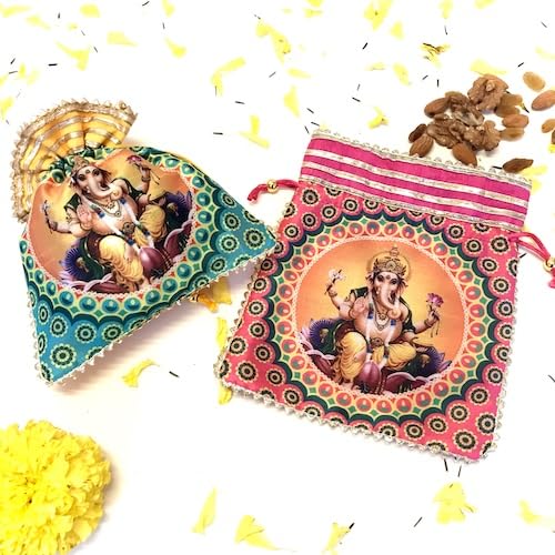 Ganesh colorful potli set of 10 pieces, give away gift potli bags for wedding/festival/diwali
