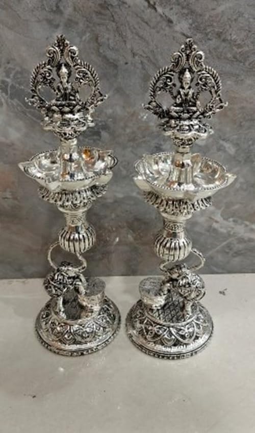 Silver Lakshmi Diya Pair with Elephant for Housewarming/Gift Item/Diwali Pooja/Home Decor