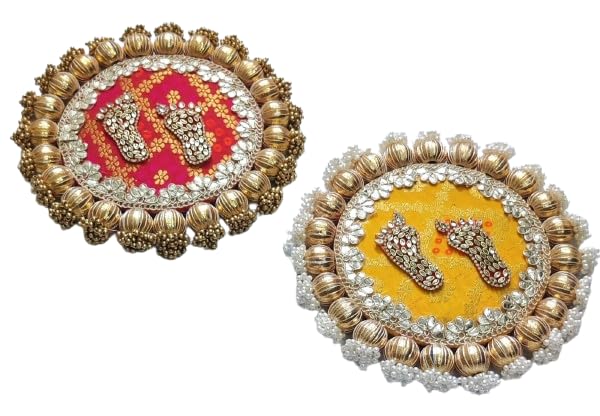 Handmade Set of 2 Yellow and red Lakshmi charan mats for Diwali décor/Home décor