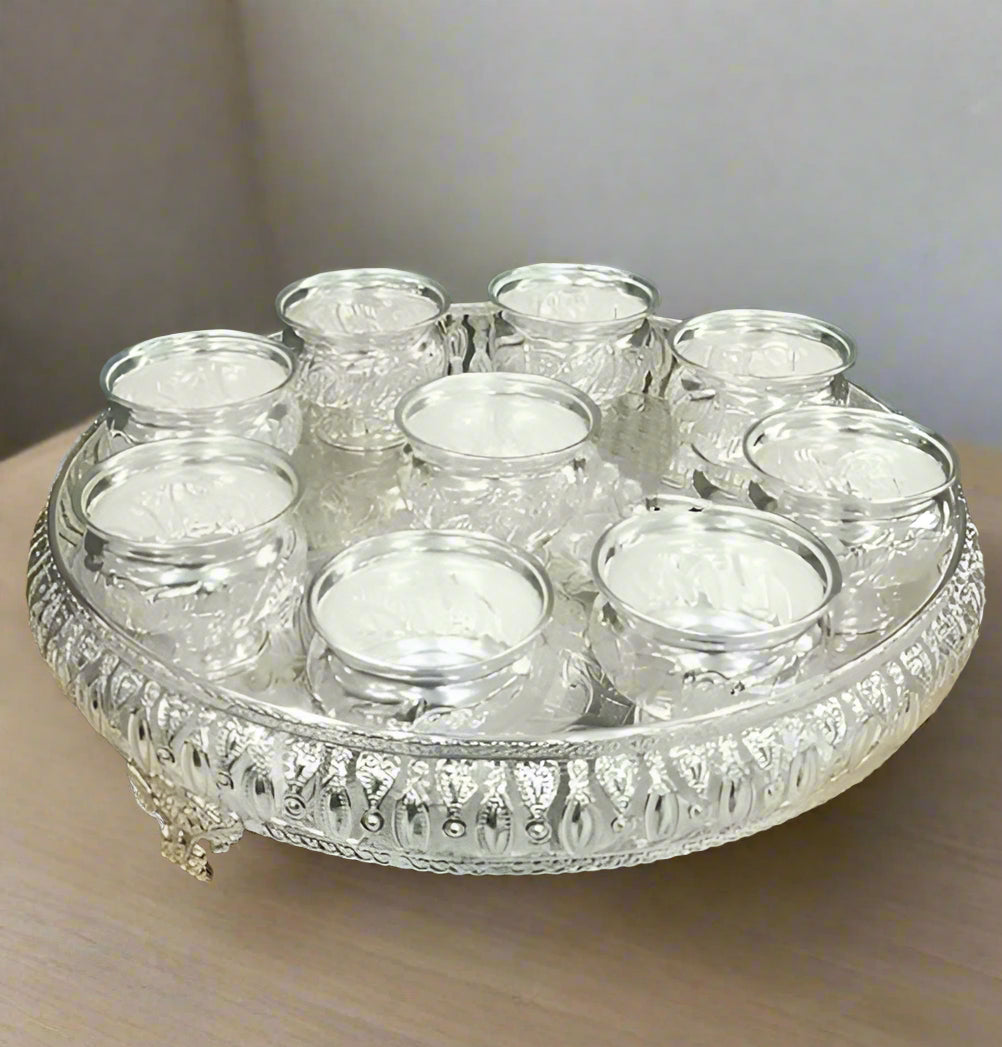 german silver designer tray with legs and 9 big size bowls