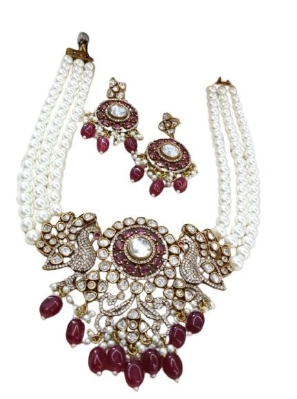 indiancraftsbykanika presents 3 layered pearl mala with jadau red stone peacock pendant necklace set with matching earrings