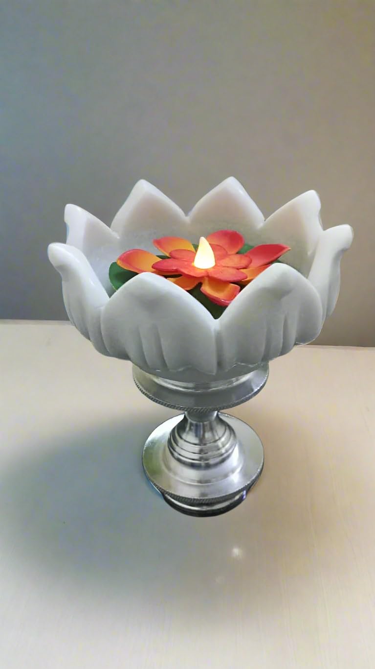white lotus marble fruit bowl/snacks platter/home décor urli bowl with silver metal stand, 6"