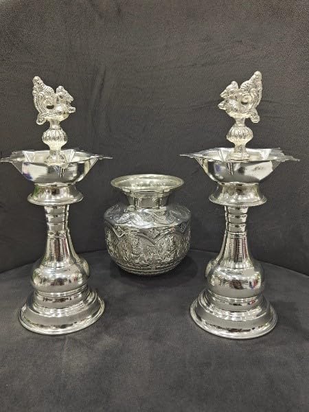indiancraftbykanika German Silver Peacock Diya with astha Lakshmi Kalash for Housewarming, Festival, Diwali