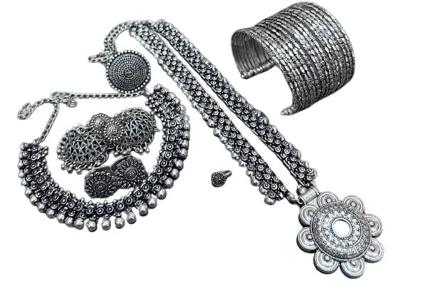 indiancraftsbykanika flower oxidised 9 pieces necklace set - 2 necklaces with matching earrings, toe ring, openable bracelet, nose pin, ring for women
