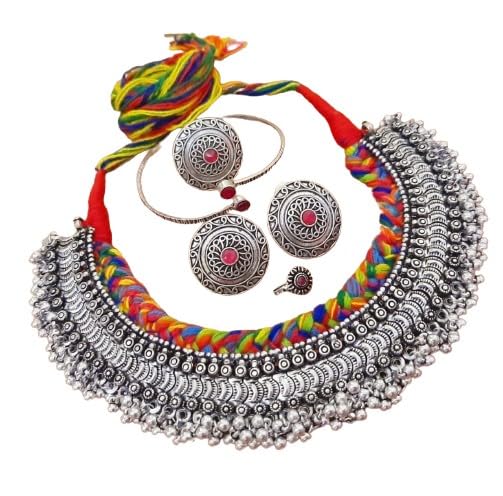 indiancraftsbykanika presents choker necklace set with matching earrings, openable bracelet, ring, nose pin, color : multicolor