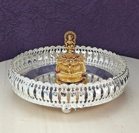 indiancraftsbykanika german silver tray with lakshmi kumkum bowl set For Diwali Pooja/Housewarming Pooja/Gift Item