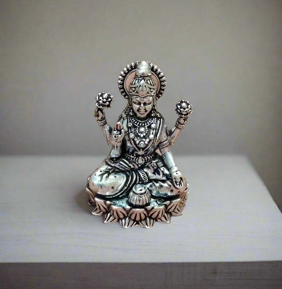 indiancraftsbykanika Silver Plated on German Silver Small Lakshmi Idol for Home/Office/Gift Item, Size : 1.5" - 2"