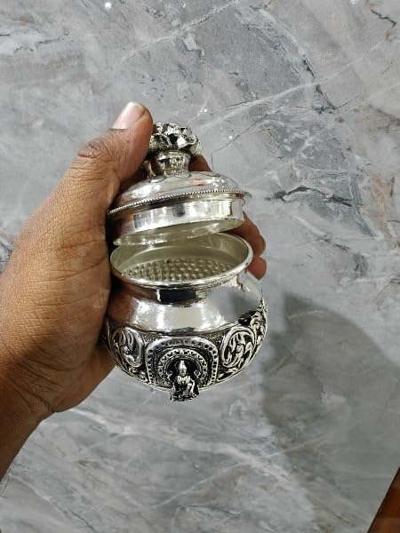 indiancraftsbykanika German silver Lakshmi with pure silver plated, set of 2 bowl set with lid for gift item/kumkum, medium, 280124w