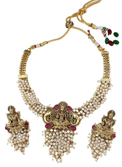 indiancraftsbykanika presents laxmi golden color pearl beaded choker necklace jewelry set with matching earring matt finish
