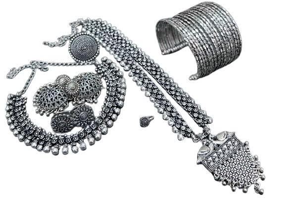 indiancraftsbykanika parrot oxidised 9 pieces necklace set - 2 necklaces with matching earrings, toe ring, openable bracelet, nose pin, ring for women