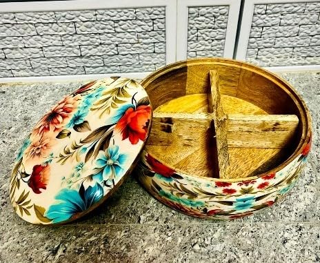 flower printed wooden dry fruit box with 4 partition