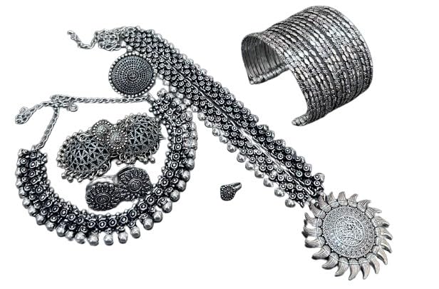 indiancraftsbykanika oxidised 9 pieces necklace set - 2 necklaces with matching earrings, toe ring, openable bracelet, nose pin, ring for women, silver