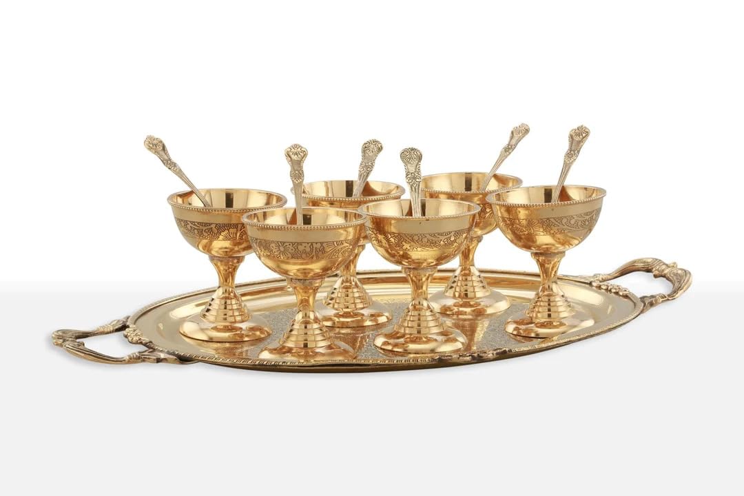 indiancraftsbykanika brass ice cream/dessert handle tray and bowl set with spoon/gift item, 6 bowls