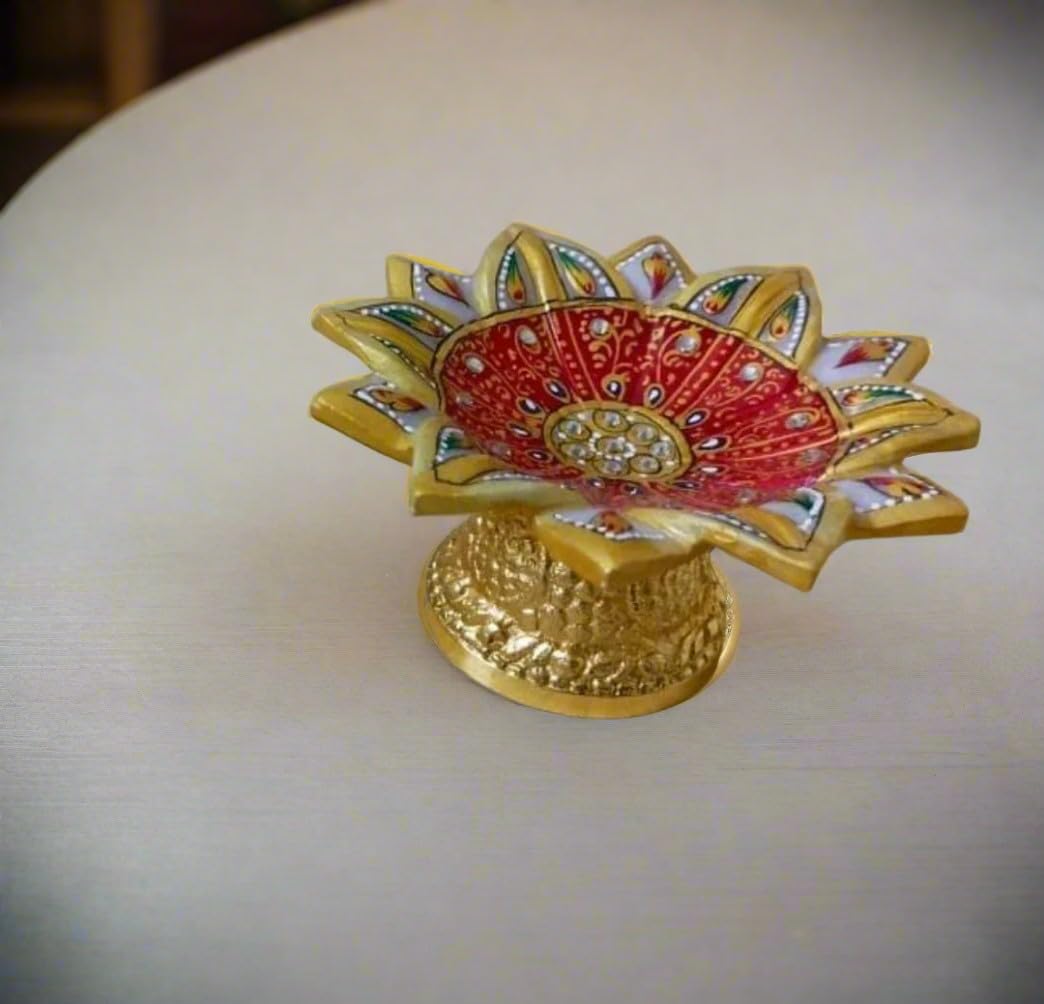 white marble hand painted lotus urli bowl with golden metal stand for home décor/gift item