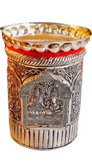 German Silver Laxmi Ganesh with Arch Embossed Round tulsi Pot for Home Decor