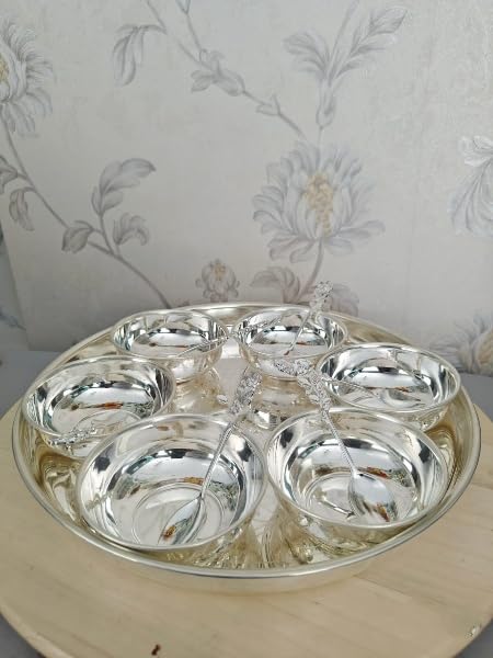 German Silver Combo Sweets/Snacks Platter with 6 Bowls, 6 Spoon, 1 Tray/Plate for Serving
