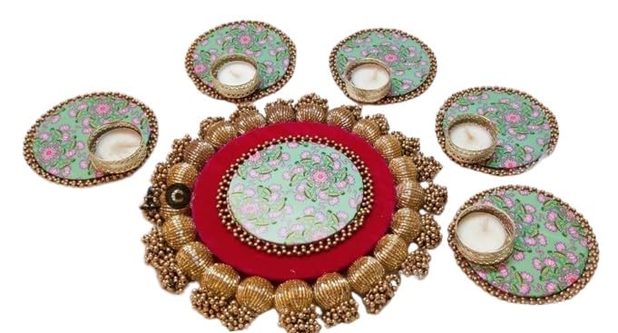 Green Pichwai Mat with Tea Light Holder Home Decor Set with Wax Tea Light for Floor/Table Decor