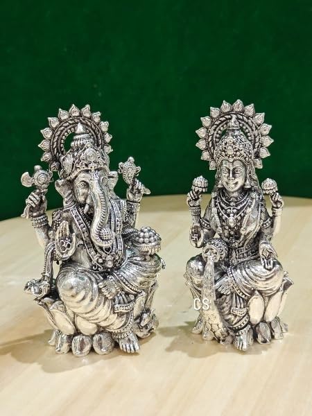 indiancraftsbykanika German Silver antique finish Lakshmi Ganesh idol on lotus flower for Diwali festival/housewarming, 170224f