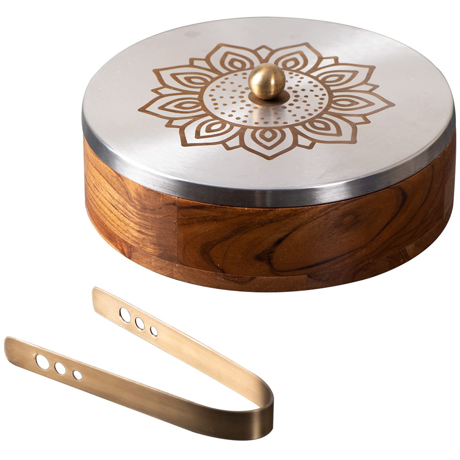wooden casserole with steel lid flower work and tong chapati box/bread box, Copper