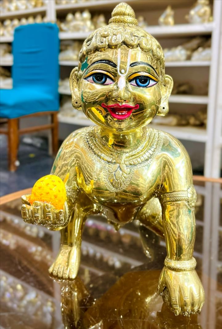 Laughing Brass Painted laddu Gopal for Temple, Big Size laddu Gopal Idol, Size : 11 inches, Weight : 12 kg