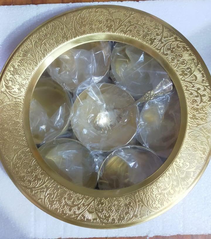 brass etched 8" spice box fiber lid with 7 bowls and a spoon for home kitchen/gift item