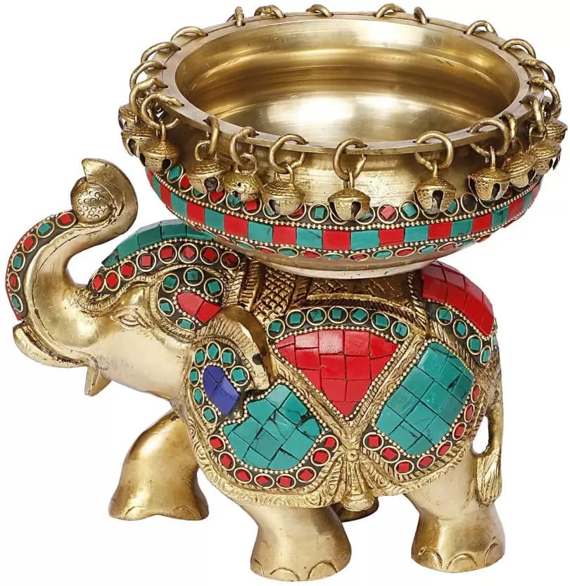 Brass Multicolor stone work Elephant Urli Decorative Urli Bowl