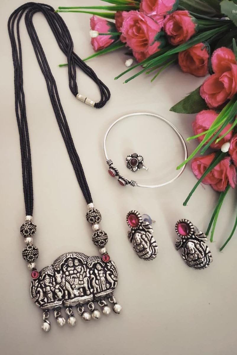 silver black finish with black beaded necklace set with matching earrings, openable bracelet,nose pin