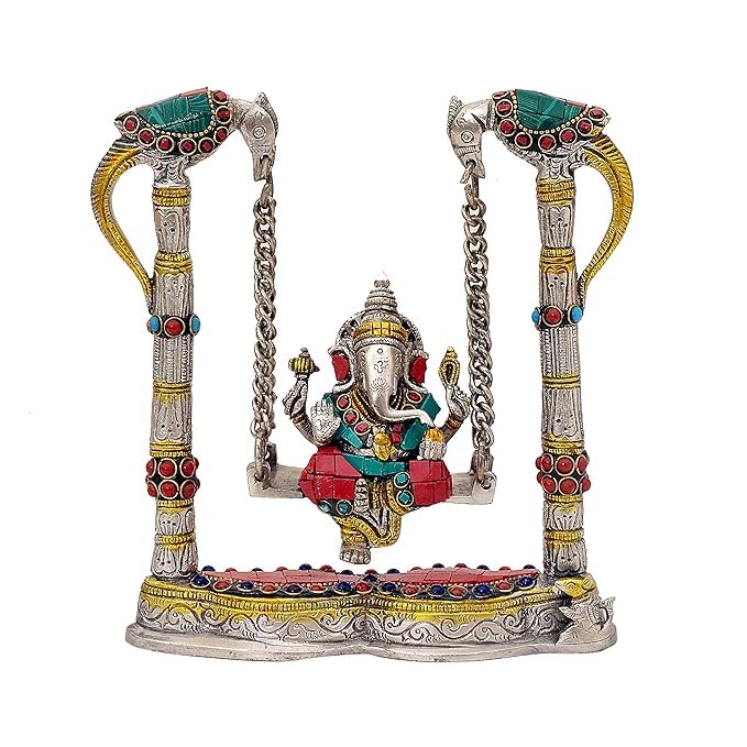 Brass Ganesh Parrot Swing Jhula Statue with Stone Work for Home Decor