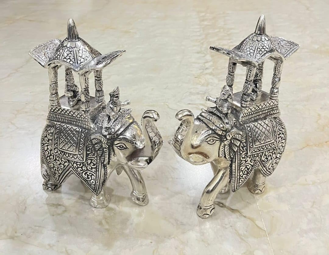 indiancraftsbykanika Finely Hand Crafted Metal Made German Silver Finish Export Quality Ambawari Elephant in Beautiful oxodised Antique Finish.