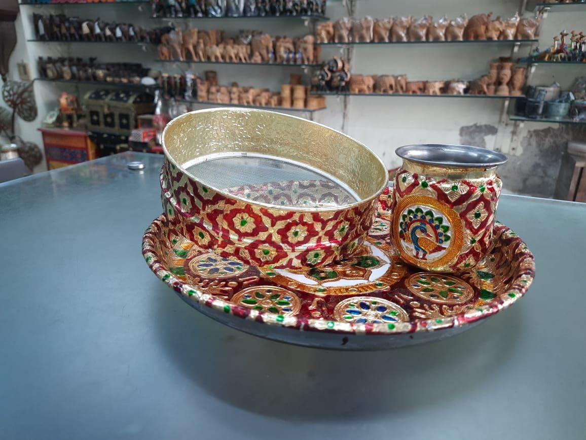 red and Golden Color Stainless Steel Colorful meenakari Work for karawachauth Pooja/Diwali/hosuwarming Pooja