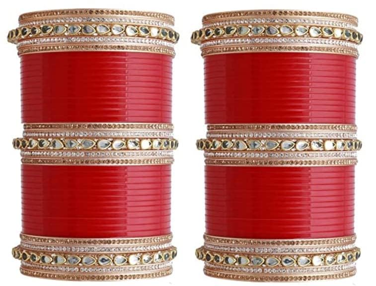 Bridal Punjabi Chura For Wedding In Red Silver And Golden Kundan Choora