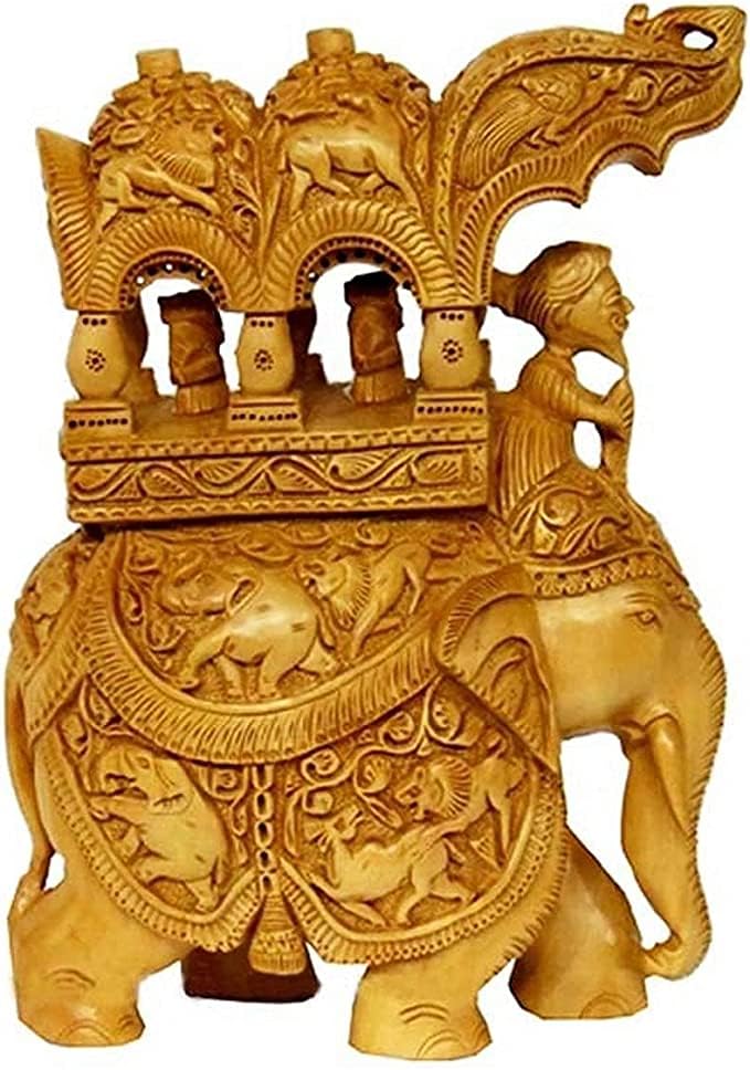 indiancraftsbykanika Handmade 8"" Wood Carving Handmade Ambari Elephant Undercut Statue, 060322fe