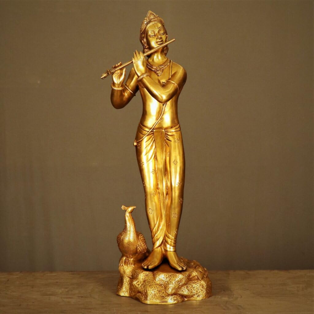 Brass krishana Big Size Playing Flute with Peacock Sitting Statue/showpiece/Idol for Gift Item, Home décor