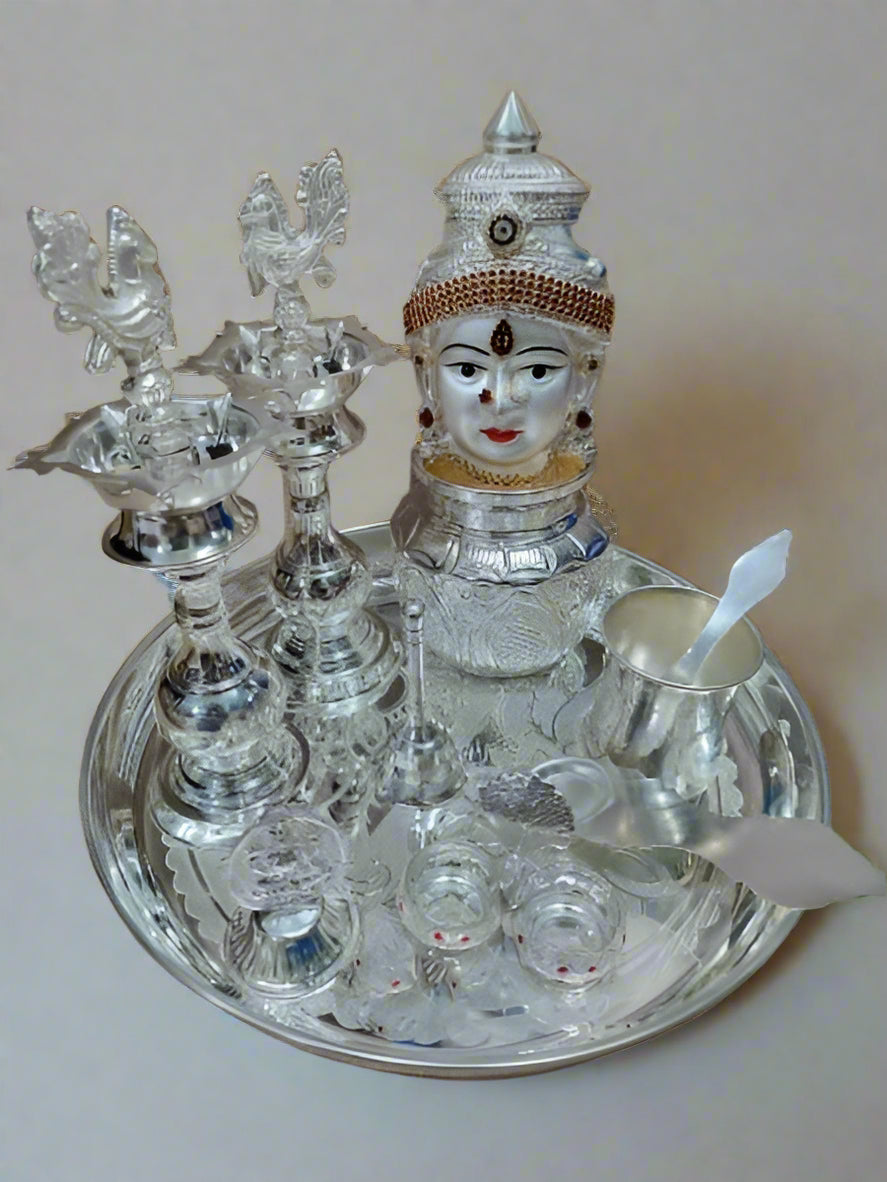 German Silver Pooja thali Set of 10 Pieces for Housewarming Pooja/Diwali Pooja/Rakhi