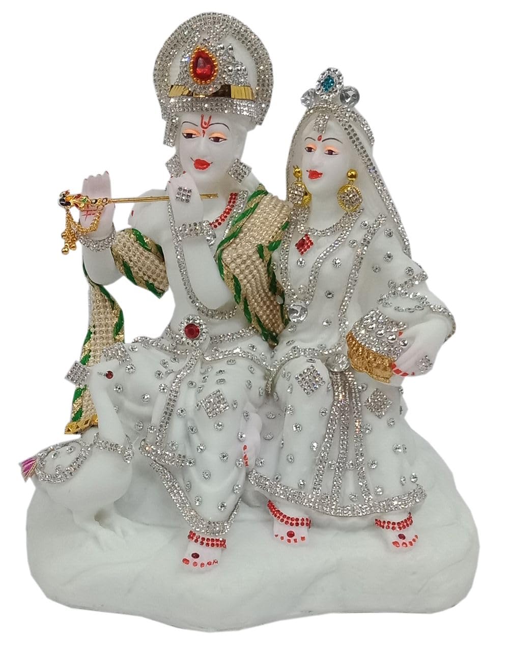White Stone Work Radha Krishan Playing Flute Sitting with Peacock Statue for Diwali, Idol for Home décor, Temple