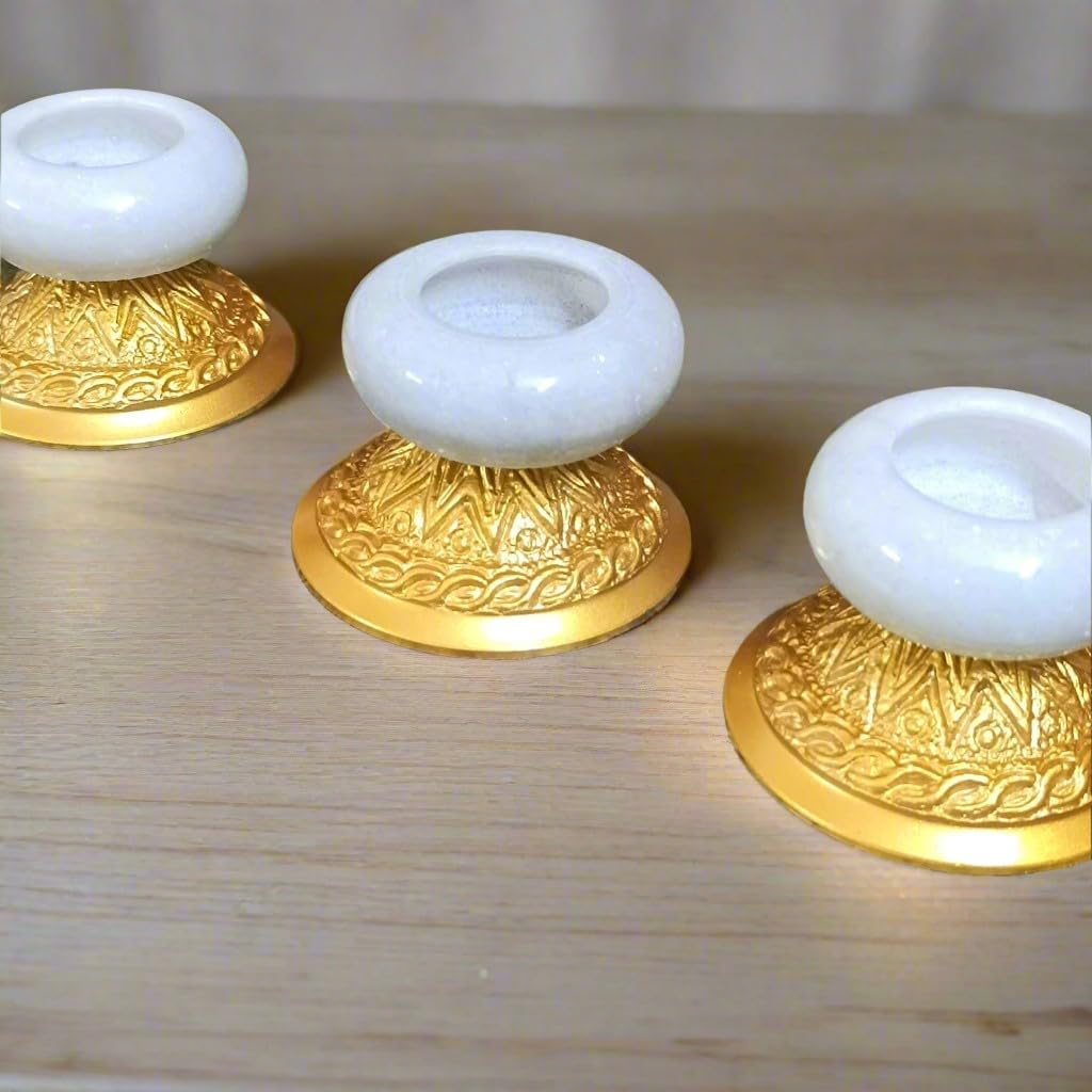 indiancraftbykanika Set of 3 White Marble Tea Light Holder with Golden Metal Stand and 6 Wax Tea Lights for Home Decor