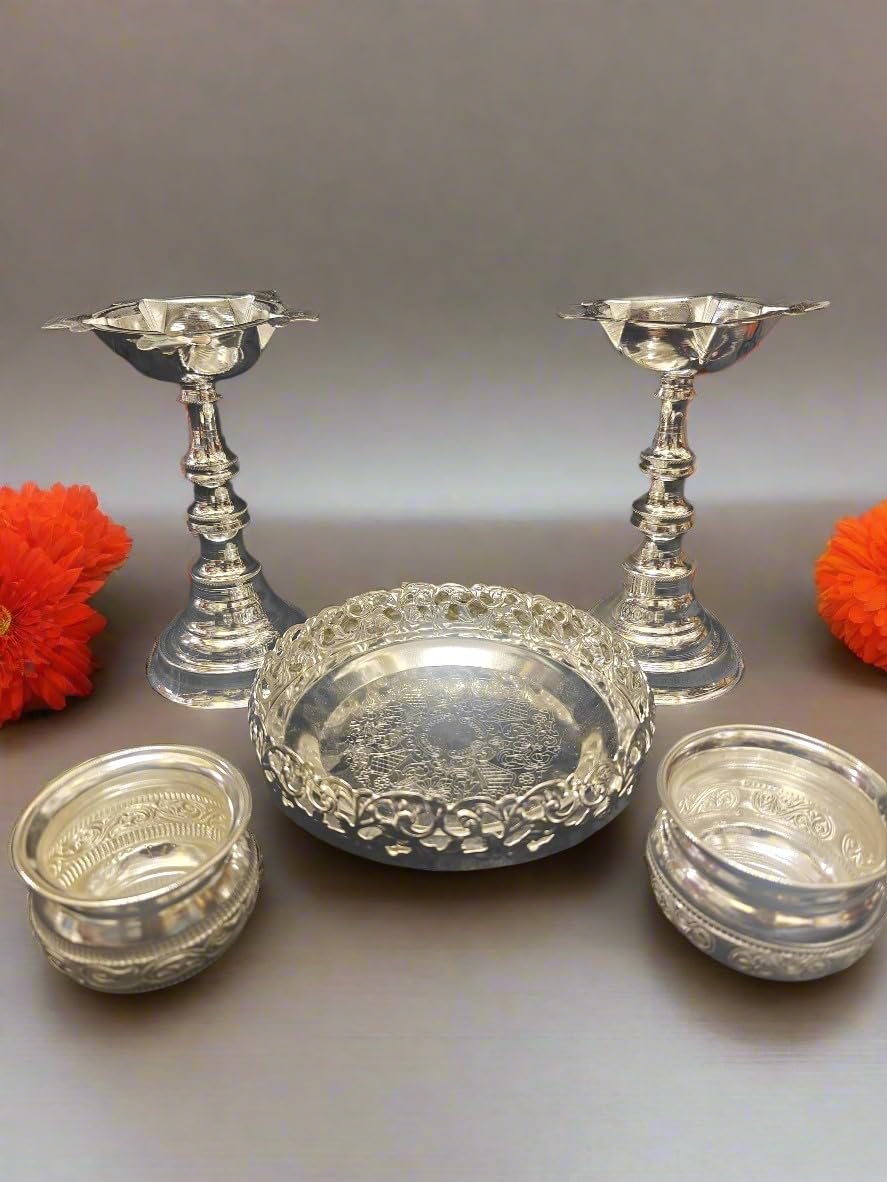 German Silver Pooja thali Set 5 Pieces