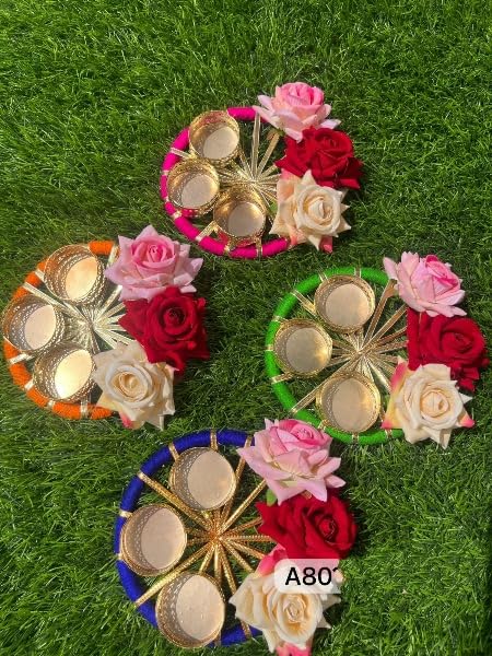 indiancraftsbykanika Set of 4 Flower Tea Light Holder with 24 Wax Tea Lights for Gift Item/Home Decor, Large