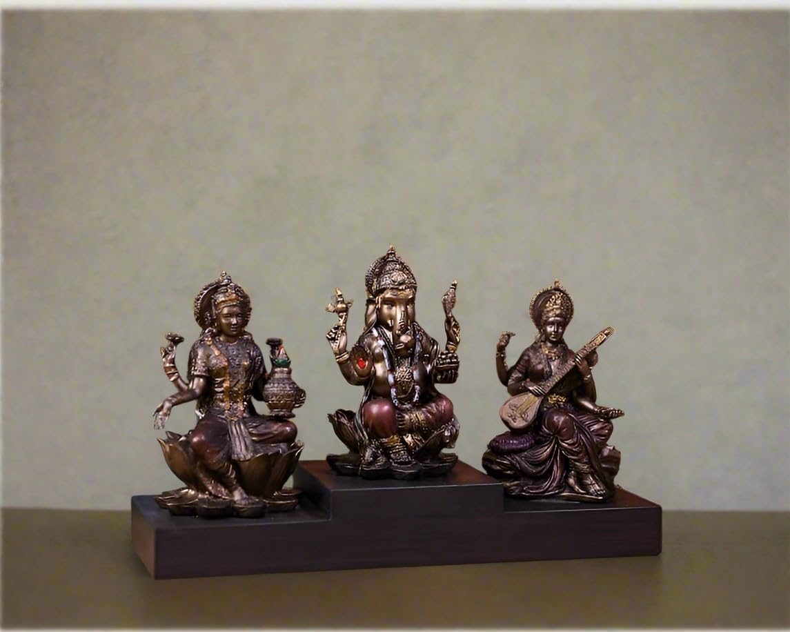 indiancraftbykanika Cold cast Bronze Goddess Lakshami Lord Ganesha and Goddess Saraswati Set for Home/Office/Temple/Decor