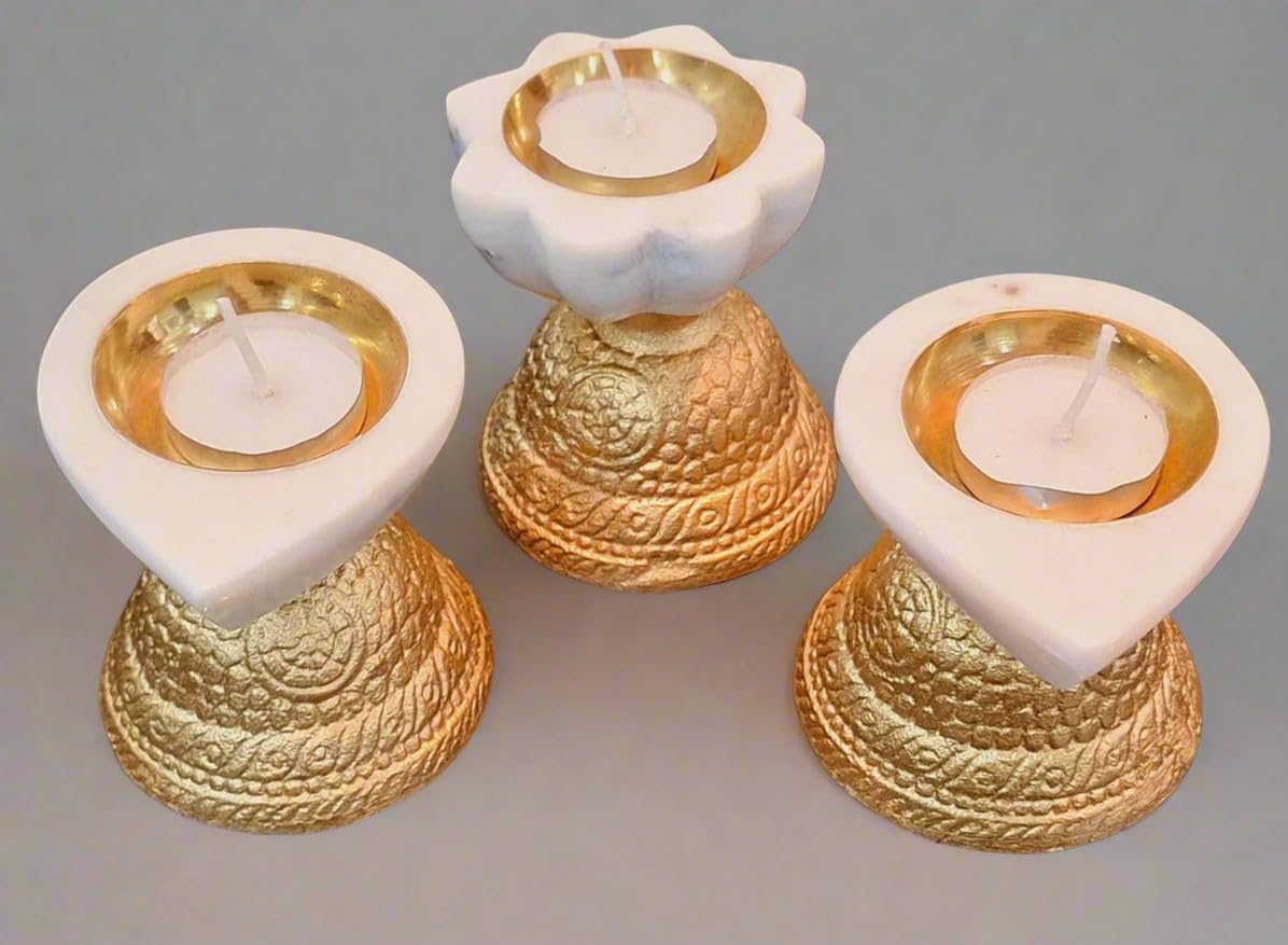 indiancraftbykanika Set of 3 Marble Tea Light Holder with Golden Metal Stand for Home décor/Gift Item with 6 Wax Tea Lights